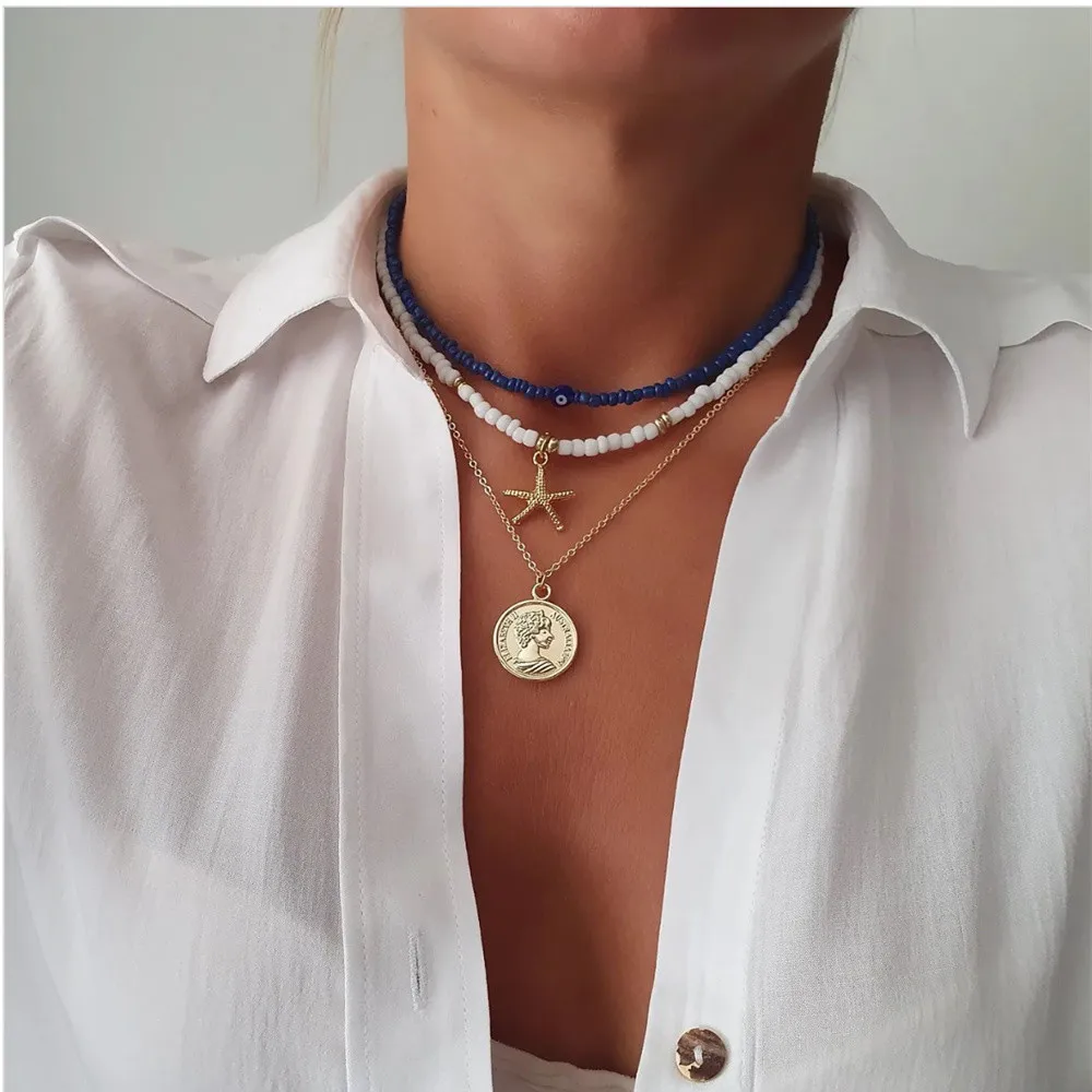 Vintage Blue White Bead Chain Eye Starfish Head Coin Pendant Necklace For Women Boho Fashion Ethnic Multilayer Baroque Jewelry