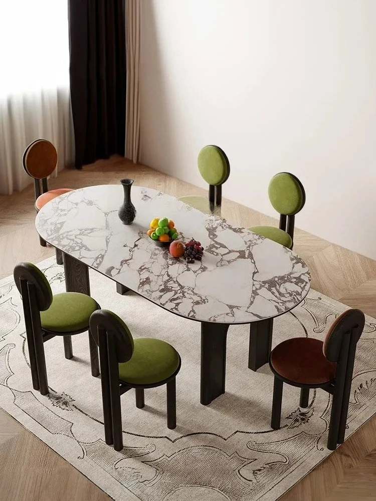 

X188French Vintage Style Dining Table Stone Plate Silent Style Mid-Ancient Style Solid Wood Ash Oval
