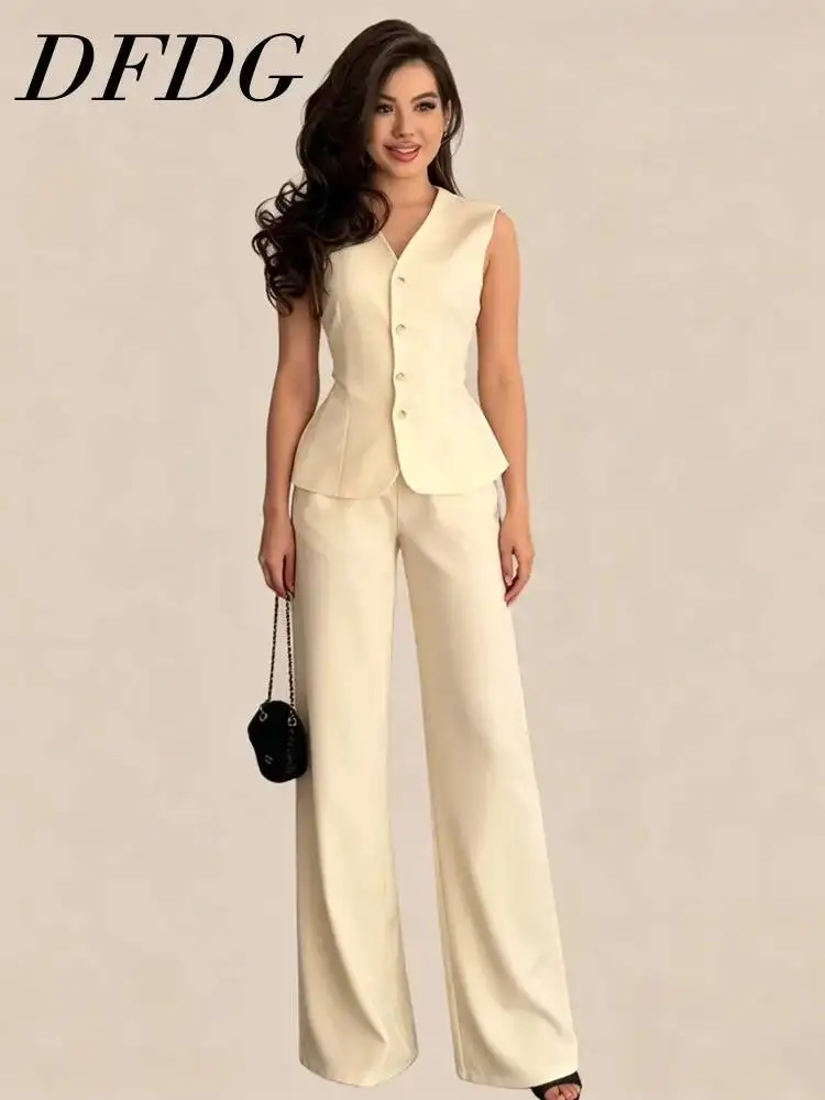

DFDG Women 2026 Spring Summer Two Piece Outfit V Neck Sleeveless Peplum Vest High Waist Wide Leg Pants Elegant Office Suit