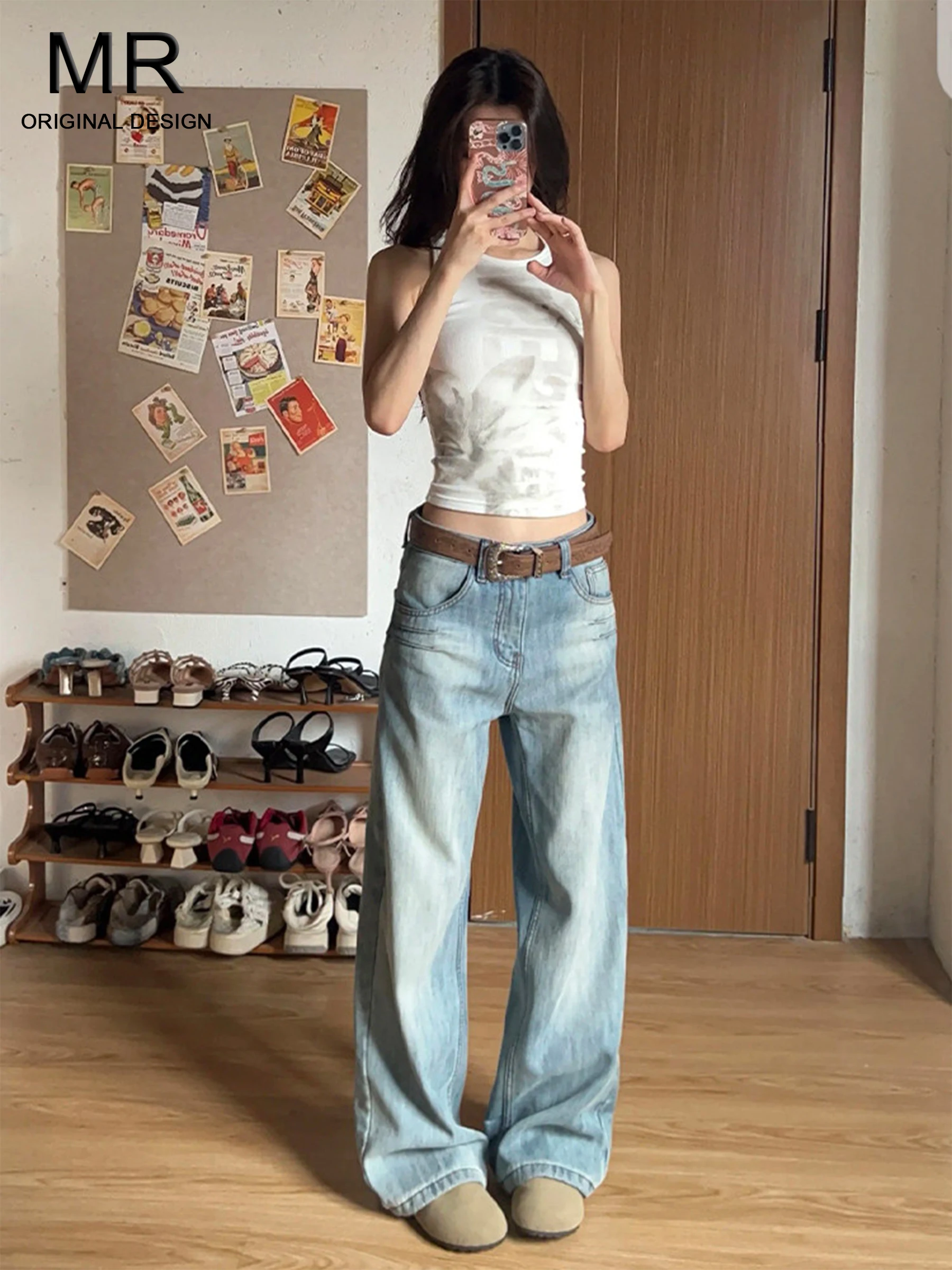 

Женские летние джинсы с высокой талией, широкими штанинами, в американском стиле, из выстиранного синего денима, прямого свободного кроя, повседневные, с эффектом похудения