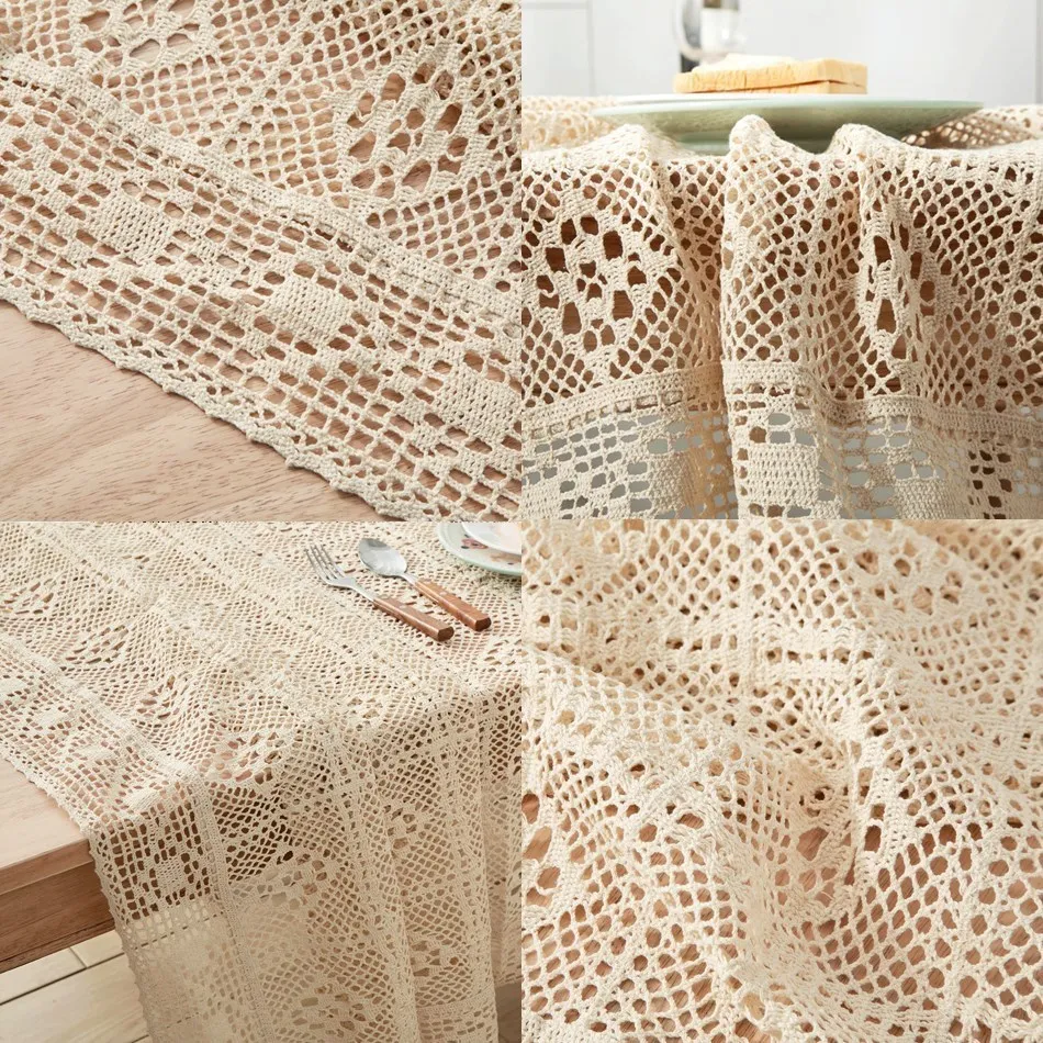 Crochet Hollow Tablecloth, Home Decorative Rectangle Fabric, Beige Lace, Bedroom Coffee Table for Living Room, Cover Cloth Mat