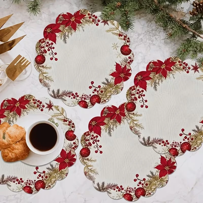 Christmas Wavy Edge Placemats 2D Printed Red Berries Golden Pine Branch Table Mats Non Slip Heat Resistant Xmas Table Decor