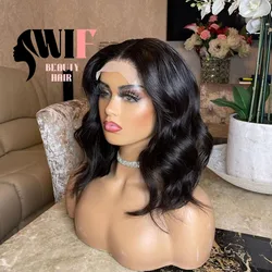 WIF Natural Wave Black Short Bob Hair Synthetic Wig Water Wavy Heat Fiber Lace Front Wigs Bob Hair for Women Daily Use