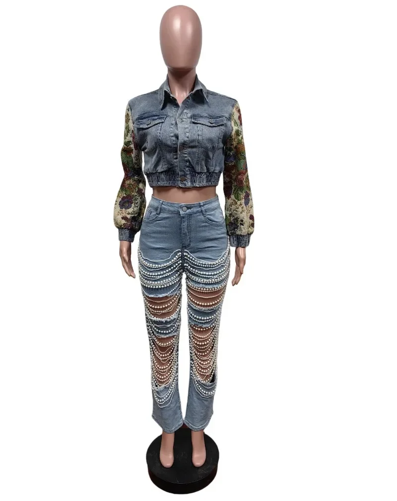 Floral Jacquard Patchwork Denim Jackets for Women Fashion Turn Down Collar Long Sleeve Single Brested Jeans Coat Casual Crop Top