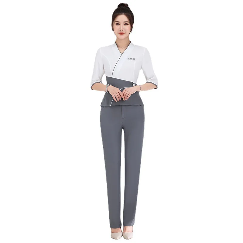 Conjunto de blusa y pantalones de trabajo para salón de belleza, ropa de trabajo femenina de estilo coreano para personal de escritorio frontal de