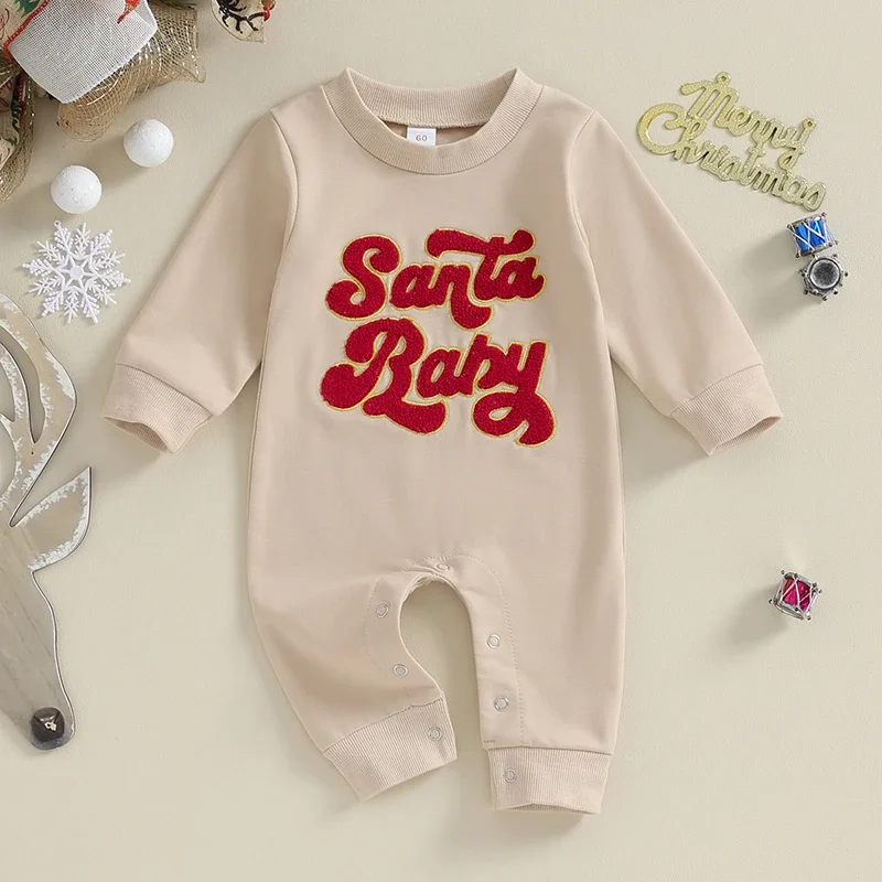 Baby Long Sleeve Christams Sweatshirt Rompers Newborn Casual Fuzzy Letter Round Neck Bodysuit Infant Loose Fit Jumpsuits