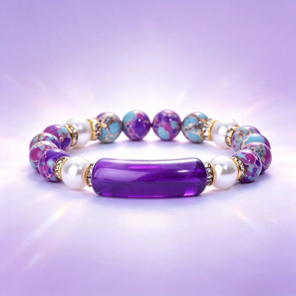 Purple flame agate round beads paired with purple resin bent tube imitation pearl elastic braceletwomen's bohemian style jewelry