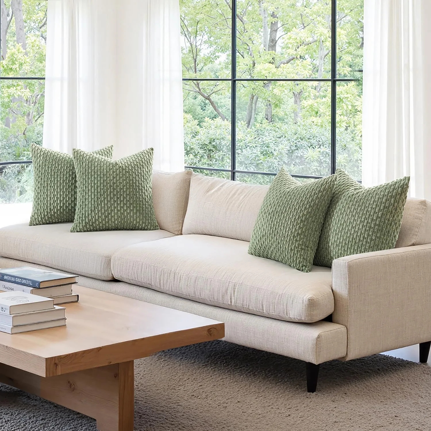 Sage Green 18x18 Inch Spring Farmhouse Throw Pillow Covers Soft Couch Decorative Corduroy Striped Pillowcases