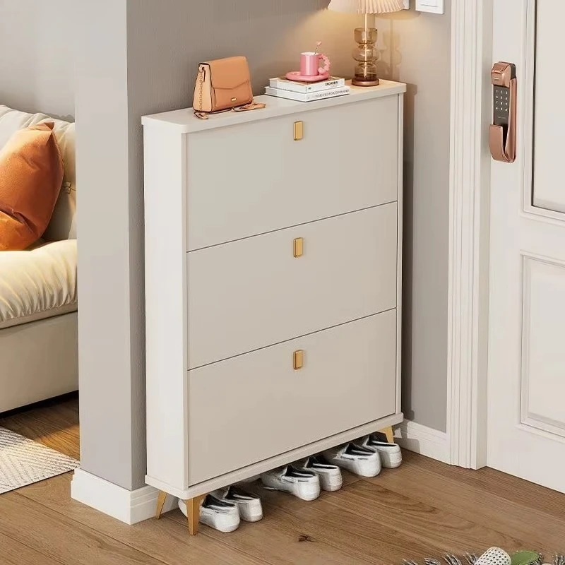 

Modern Wall Mounted Shoe Cabinet 6 Tier with Gold Handles and Legs Space Saving Gray Shoe Storage for Entrance
