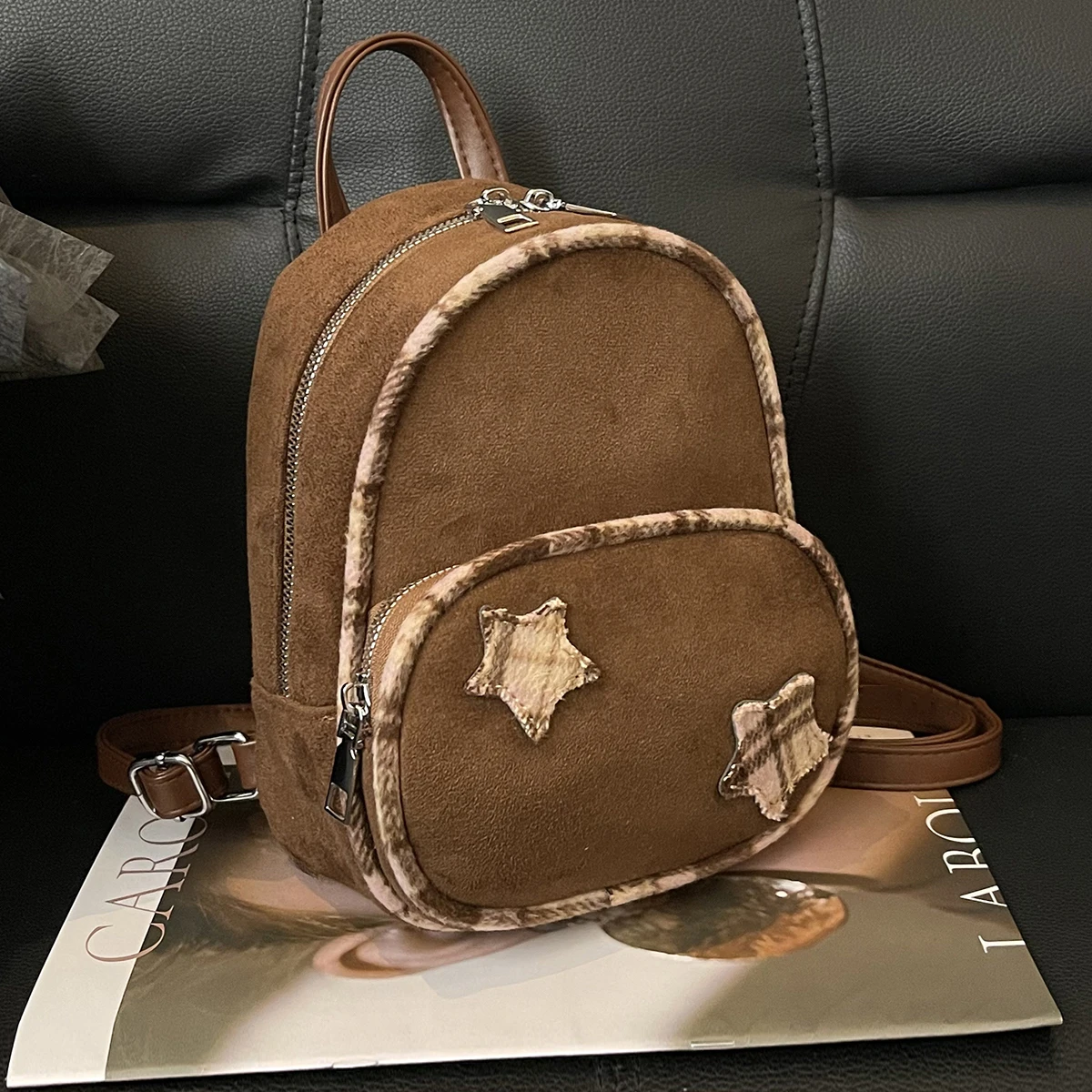 حقيبة ظهر كلاسيكية صغيرة من جلد الغزال الصلبة الناعمة متجمد التصحيح ستار الحقائب المدرسية سعة كبيرة الإناث عارضة التسوق لطيف الكتف حزمة #2