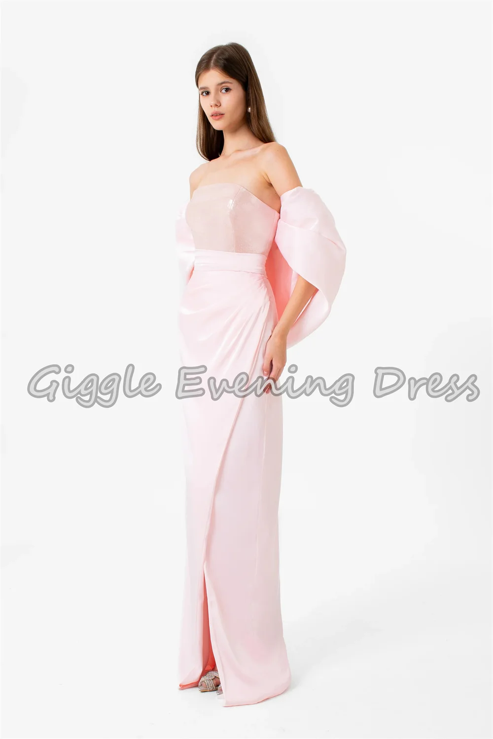 Giggle Crepe Straight Off-the-shoulder Neckline Pleats Floor Length Simple Saudi Evening Dresses For Women 2025 With Half Sleeve