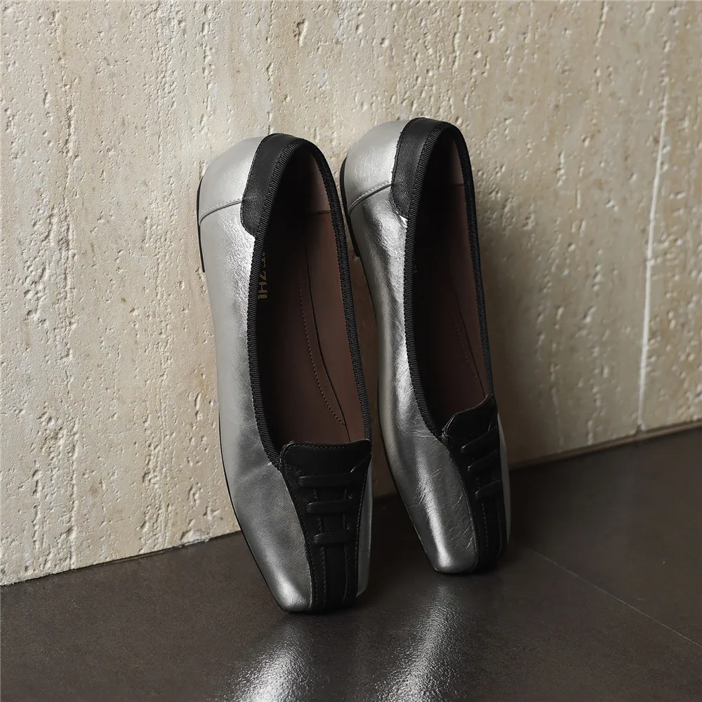 Aucegi تصميم جديد للنساء مريح مسطح القاع موضة ساحة تو مختلط اللون جلد طبيعي عدم الانزلاق فستان العمل أحذية الحياة اليومية