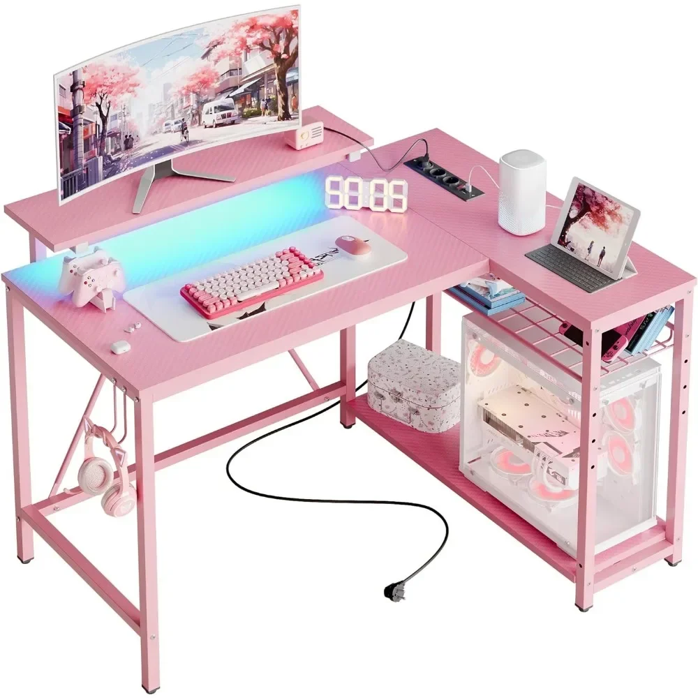 Hot Sales Gaming Desk With Power Outlets,42 LED Small Corner Computer Desk Reversible Storage,L Shaped Desk With Desk,Pink Carbo