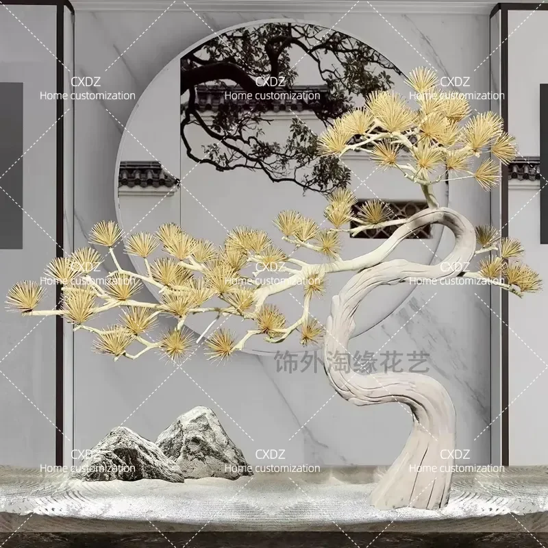 Large Simulated Welcome Pine Cedar Masson Pine Club Shopping Mall Decorative Tree Ornament High End Solid Wood Carving Tree