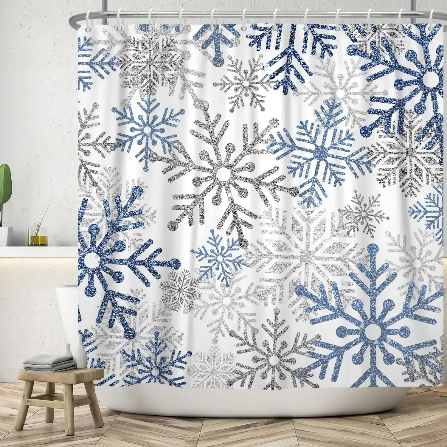 

Abstract Snowflake Shower Curtain Boho Blue and Grey Snowflakes Shower Curtains Winter Christmas Eve New Year Shower Curtain
