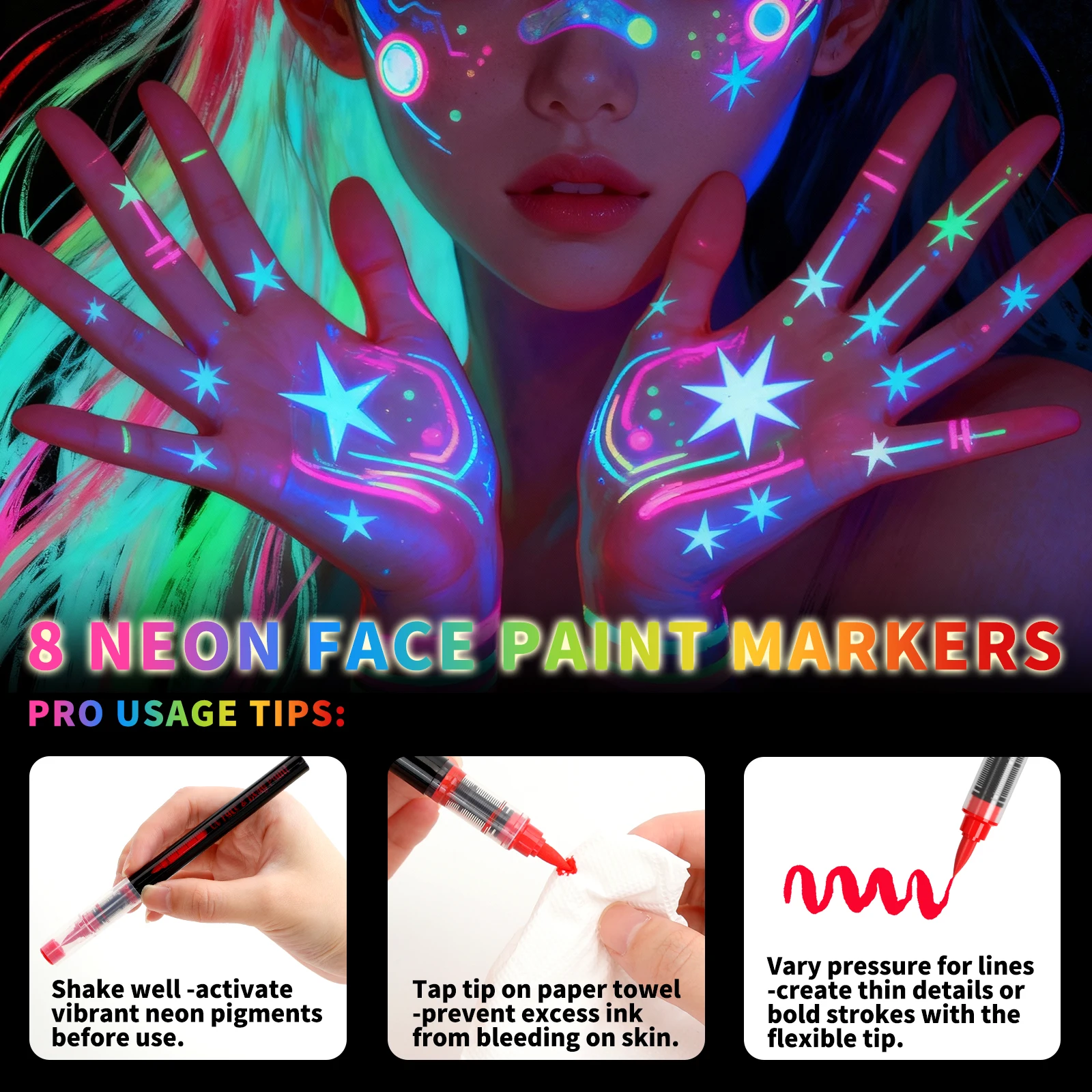 8-Color Uv Fluorescent Markers, Paint Pens, Eco-Friendly Washable Liquid Soft-Tip Tattoo Pens, Electronic Music Festival Paint P