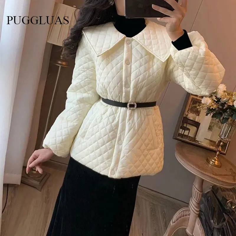 Vintage Long Sleeve Parka Single-breasted Belt Outerwear 2022 Elegant Winter Padded Jacket Women Lingge Quilted Doll Collar Coat