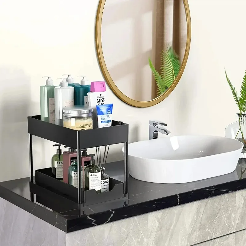 2‑Tier Sliding Under Sink Organizer Multi‑Function Cabinet Basket with Hooks Hanging Cup Space‑Saving Rack for Kitchen Bathroom view 4
