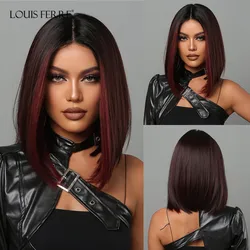 LOUIS FERRE-Peluca de cabello sintético para mujeres negras, postizo corto de color Burdeos con reflejos Bob, parte media, color rojo degradado, pelo falso Natural