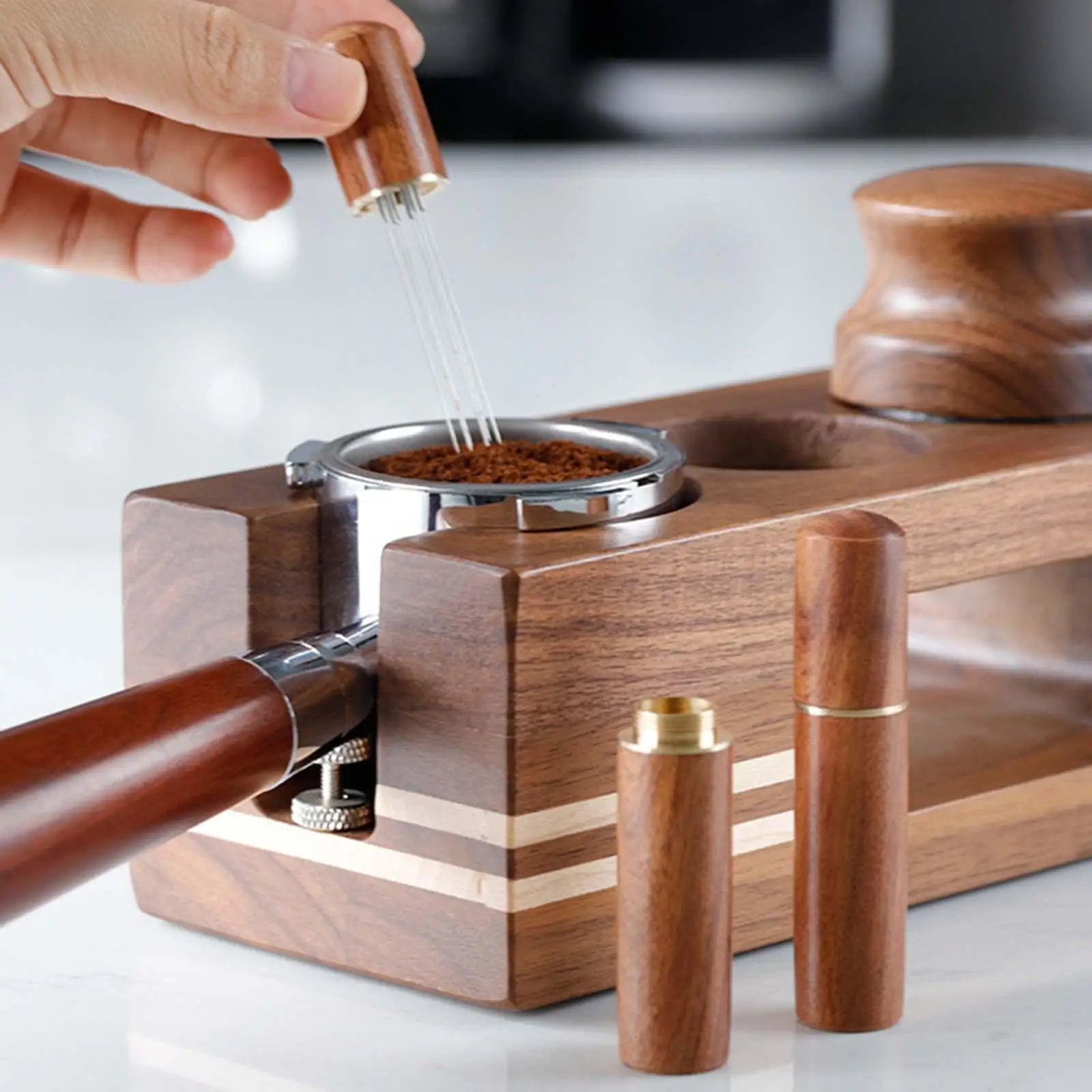 Coffee Distributor Espresso Stirrer Tool Needle Sifter Wood Base Stand for Even Extraction No Channeling