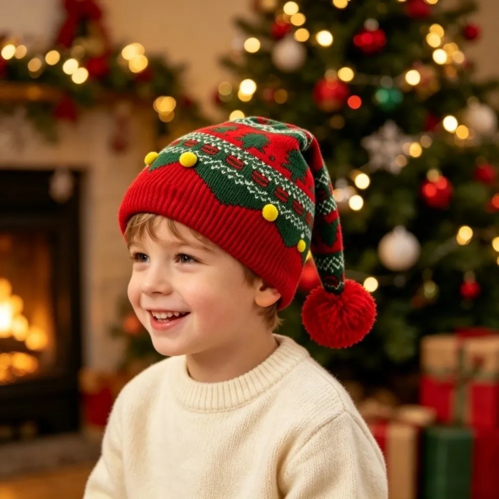 Jacquard Christmas Hat Red Green Patchwork Color Warm Knitted Wool Cap Parent Child Hat Christmas Tree Christmas Knitting Hat