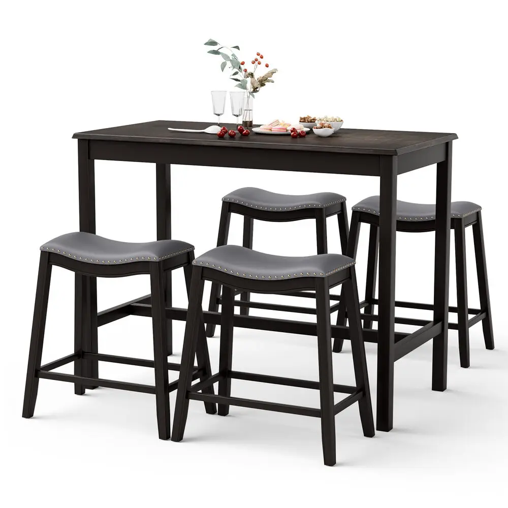 Costway 5PCS Bar Table Set Upholstered Saddle Stools & Counter Height Table Set