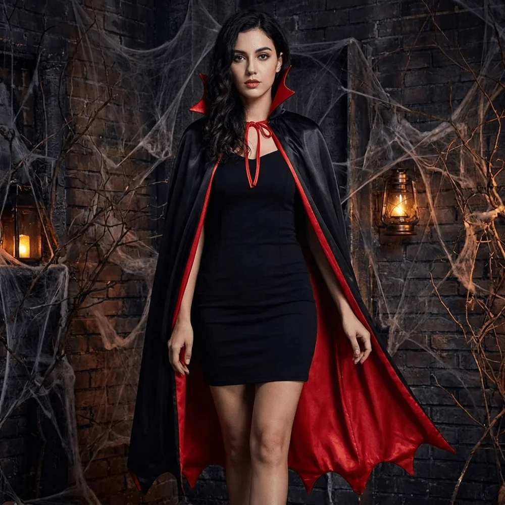 Stand-up Collar Halloween Hooded Cloak Solid Color Lightweight Polyester Gothic Costume Cape Comfortable Fit