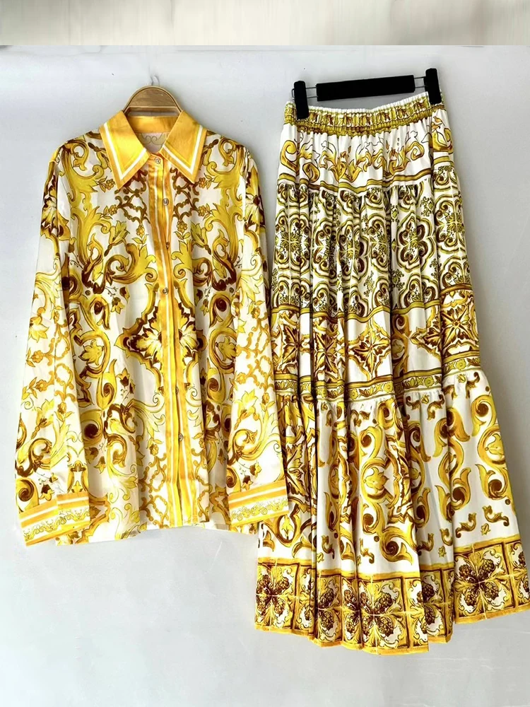 Retro-printed Single-breasted Long-sleeved Shirt Jacket Spring Women's New Two-piece Suit + High Waist A-shaped Skirt Elegant Su