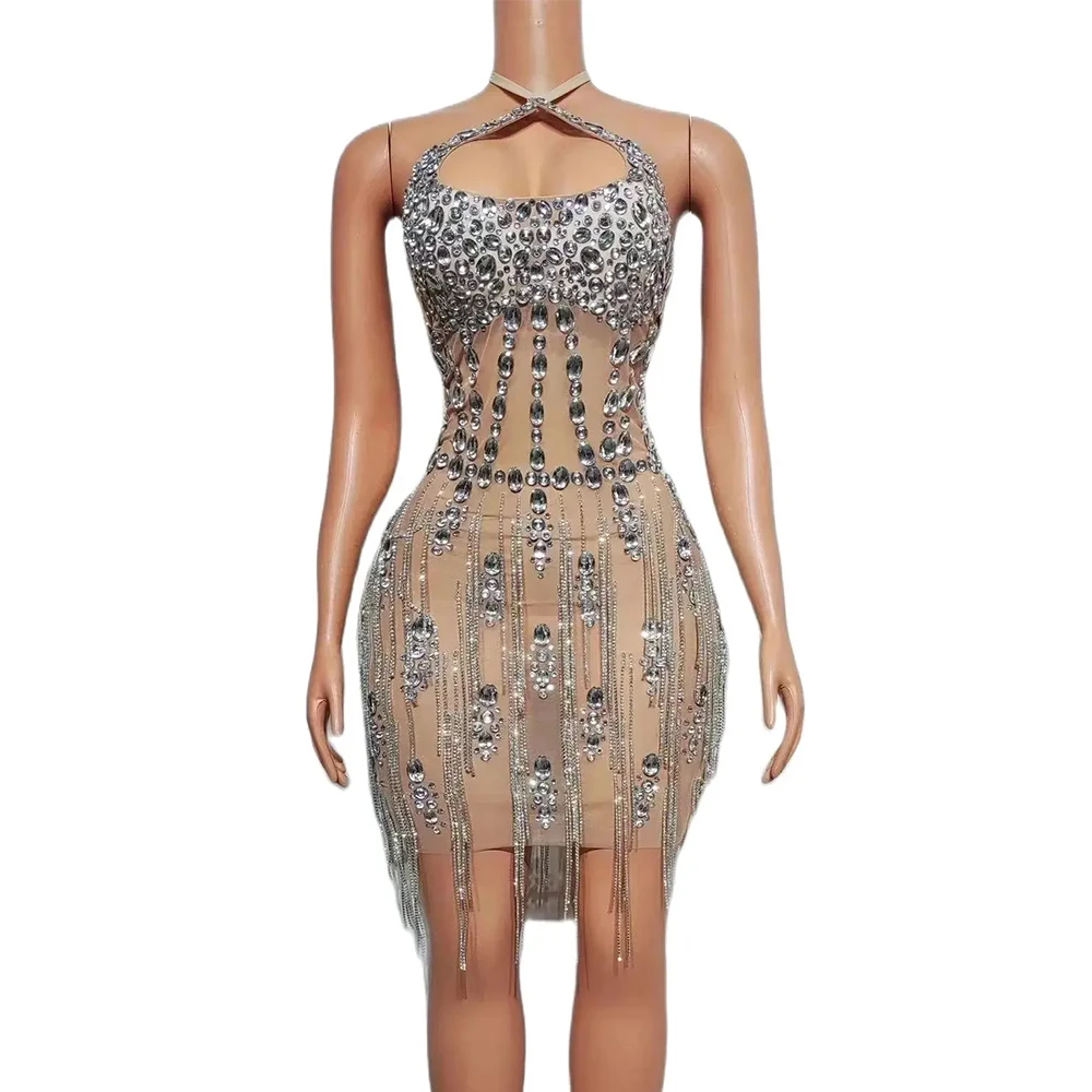 

Luxury Crystals Chain Sleeveless Dress Women Nightclub Short Dress Sheer Stretch Drag Queen Outfit Birthday Photoshoot Gowns