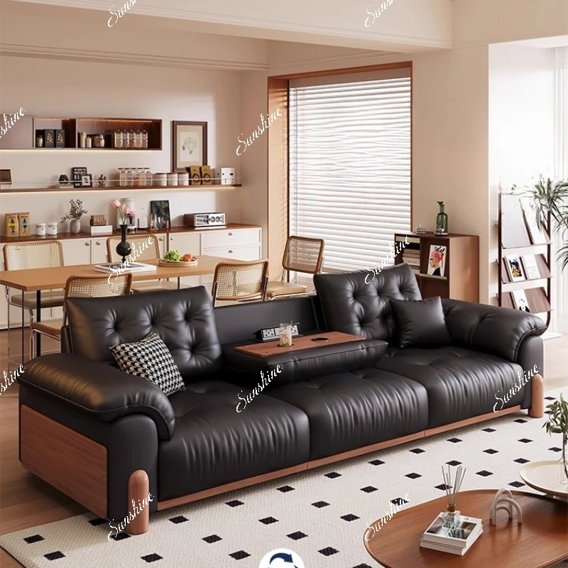 Living room leather solid wood sofa light luxury minimalist cream cloud black electric retractable sofa bed