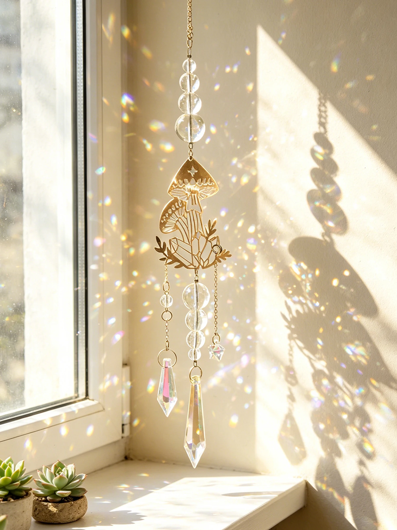 Gold Mushroom Crystal Suncatcher Rainbow Maker with Prism Beads Boho Window Hanging Pendant Home Garden Decor Ornament Gifts