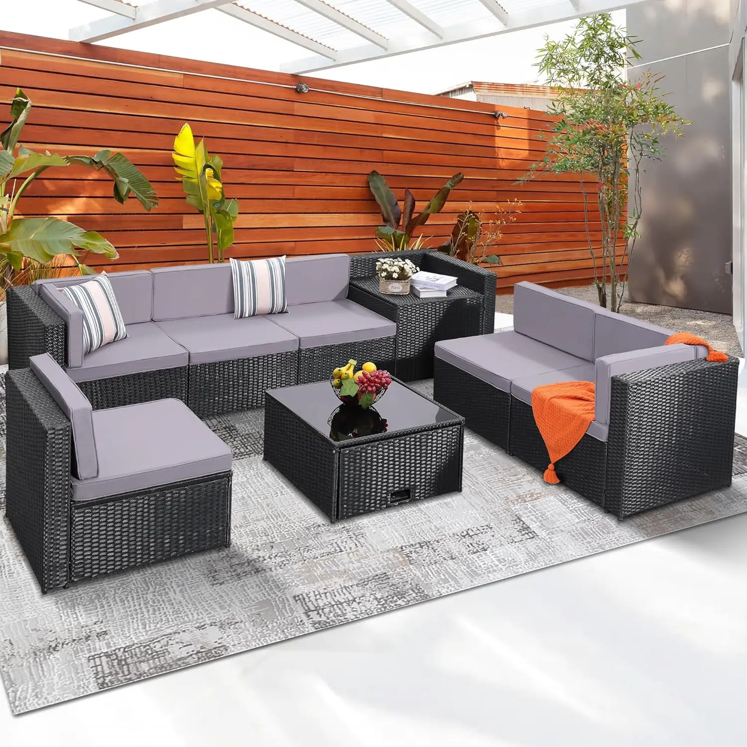 

8 pieces of outdoor courtyard furniture, glass tabletop table with hidden storage space, 7 sofas, black rattan