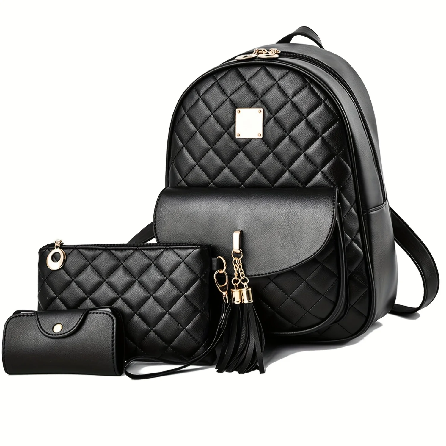 

Fashion Backpack Set: 3-Piece Quilted PU Leather Daypack with Tassel Charm, Schoolbag, Clutch Bag, Holder