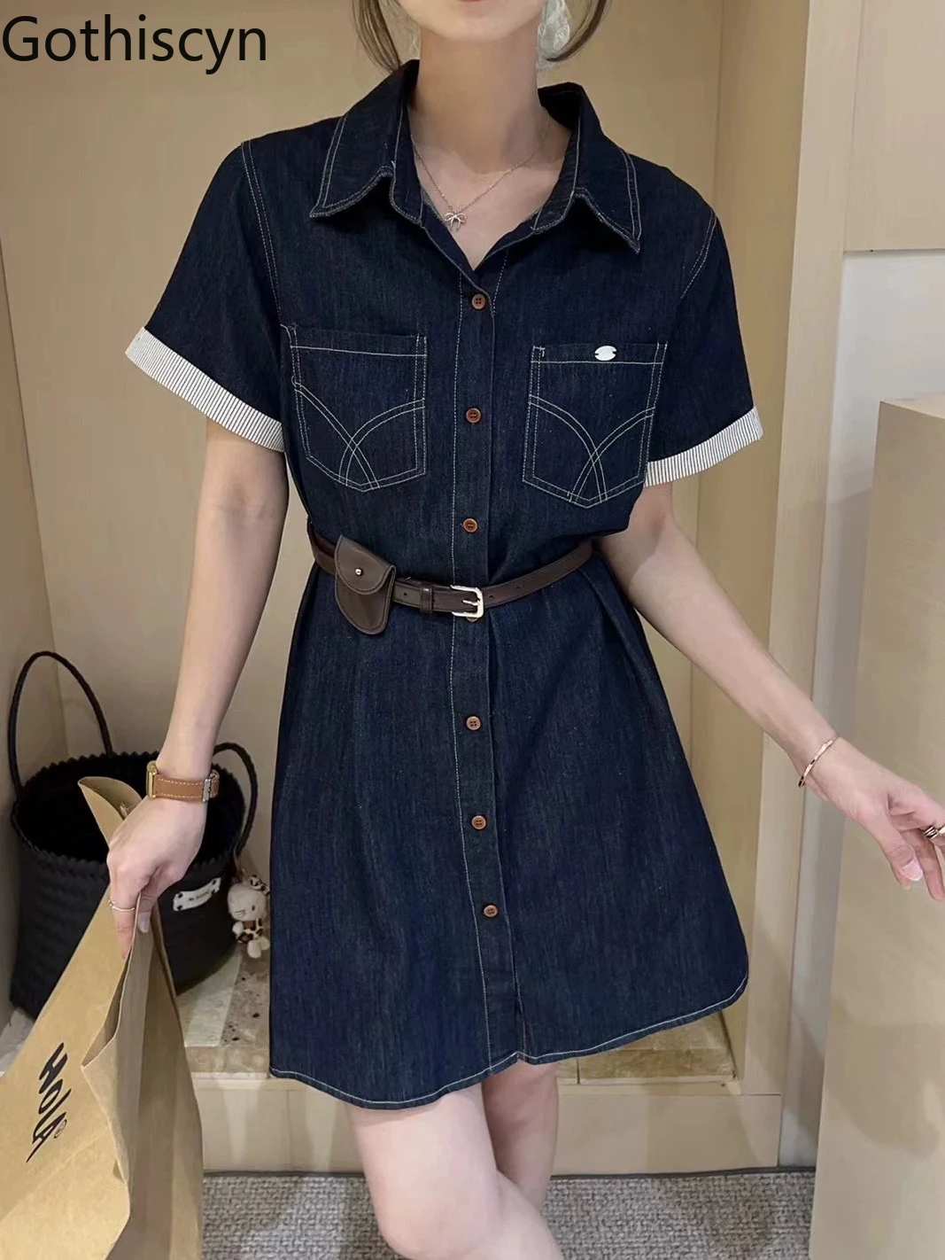

Gothiscyn Casual Denim Dress Women's Summer Slim Fit Turn-down Collar Short-sleeved Single Breasted Dress Fashion Female Clothes