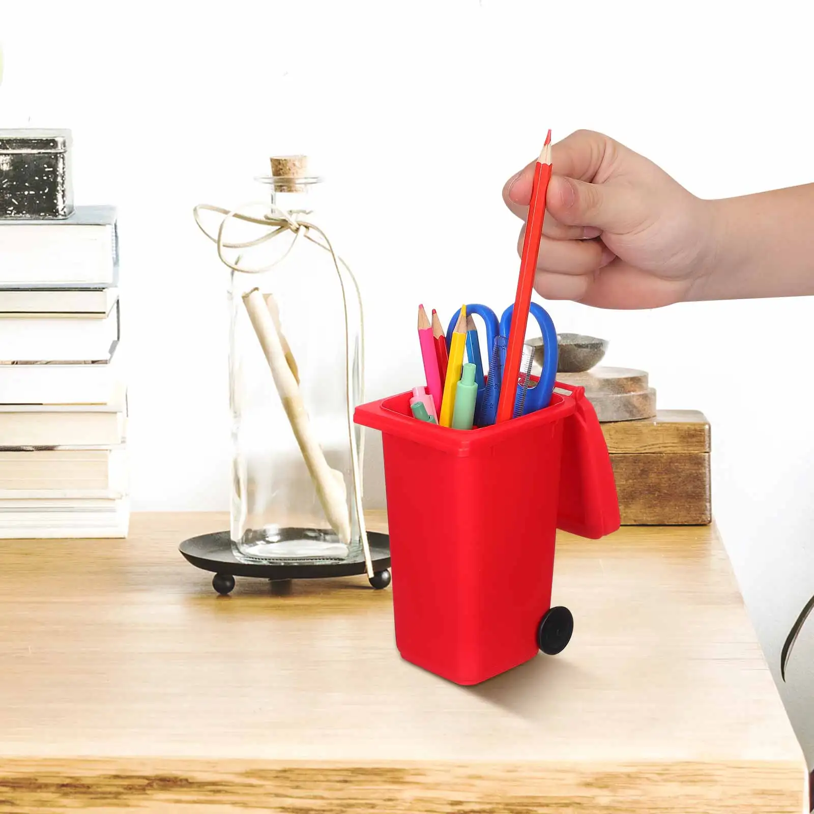 4Pcs Mini Garbage Can Pencil Holder Cute Hard Plastic Pen Storage Box with Lid and Wheels Vibrant Colors Desk Organization