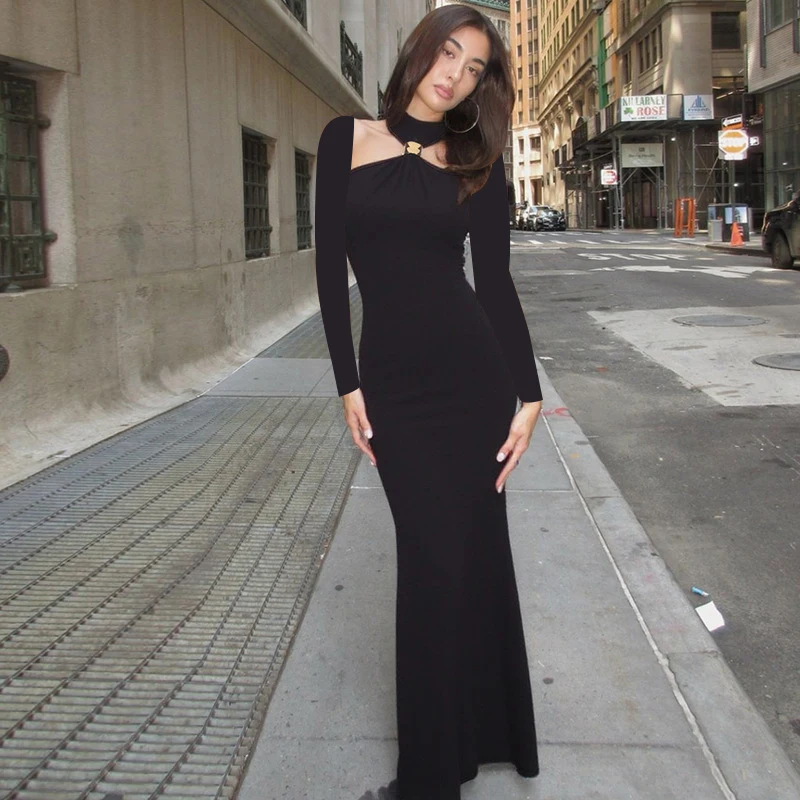 

Ticketsx Black Backless Halter Neck Long Sleeve Fitted Dress Autumn Sexy Dress Fashion Fitted Luxury Party Look Women Dress