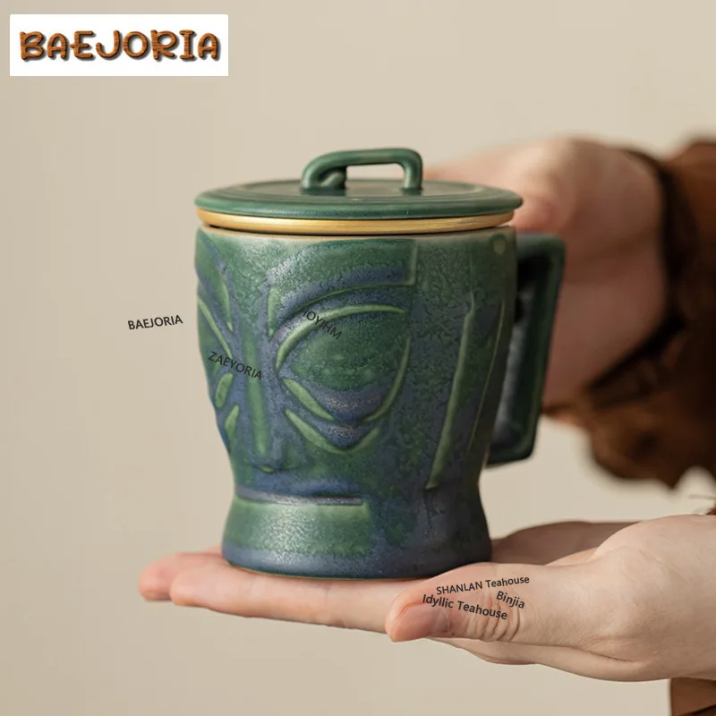BAEJORIA 210ml Chinese Sanxingdui Culture Ceramic Filter Tea Separator Cup Customized Office Work Mug Teaset Portable Travel Bag