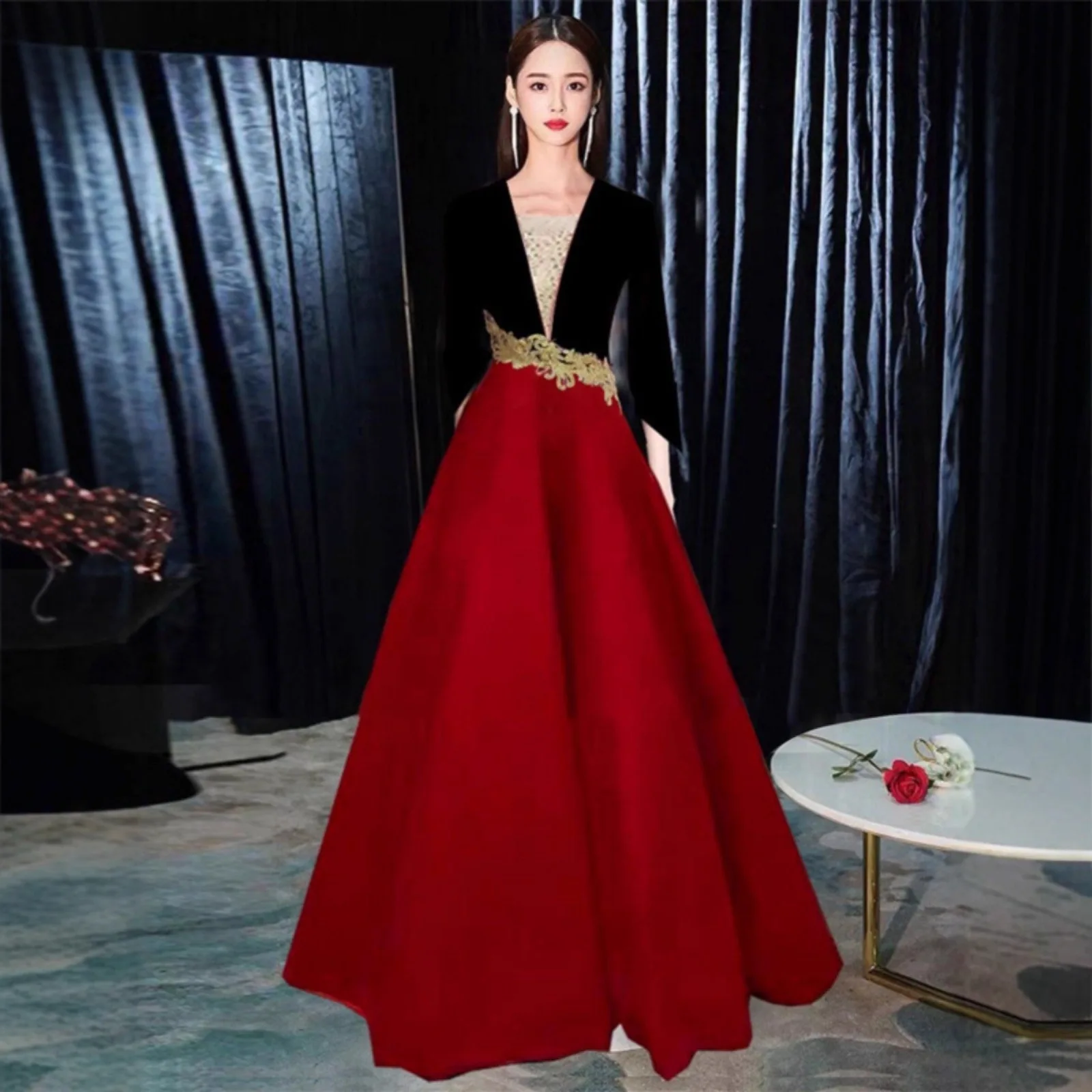 Elegant Long Skirt Performance Costume Women's Evening Dresses Host Ceremony Outfit Three-quarter Sleeve Birthday Party Dresses