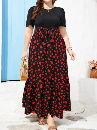 Vestido de verano de talla grande con cuello redondo y mangas abullonadas, mangas cortas, dobladillo con volantes, cintura delgada y vestido de moda de longitud media