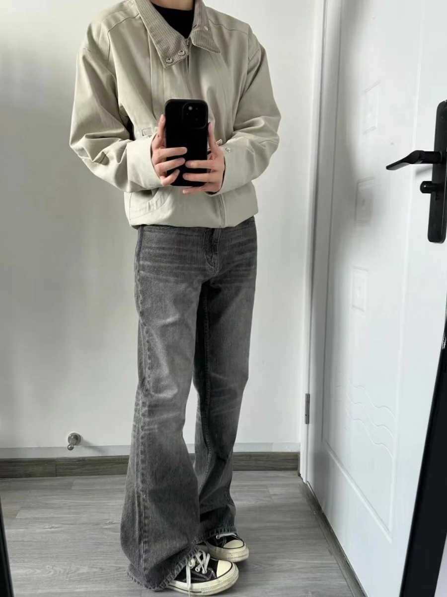 アメリカンハイストリートハリントンジャケットメンズニッチハイセンススタンドカラーパッチワークキャンバスヴィンテージカジュアルアウター