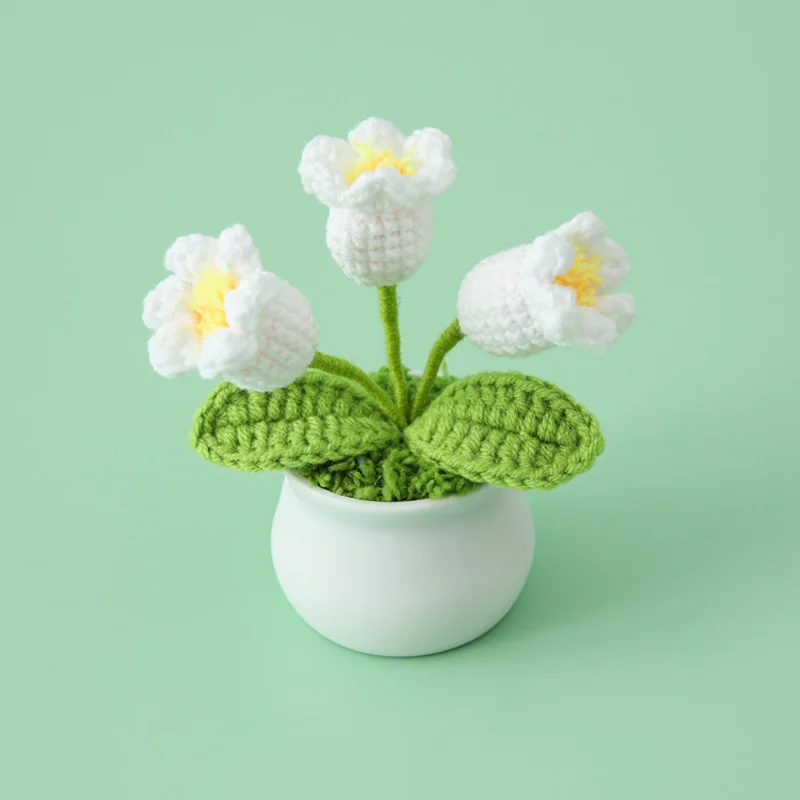 Tulip Handmade Crochet Flowers Potted Finished Woven Bouquet Artificial Knitted Flower Valentine\'s Day Gift Home Desktop Decor
