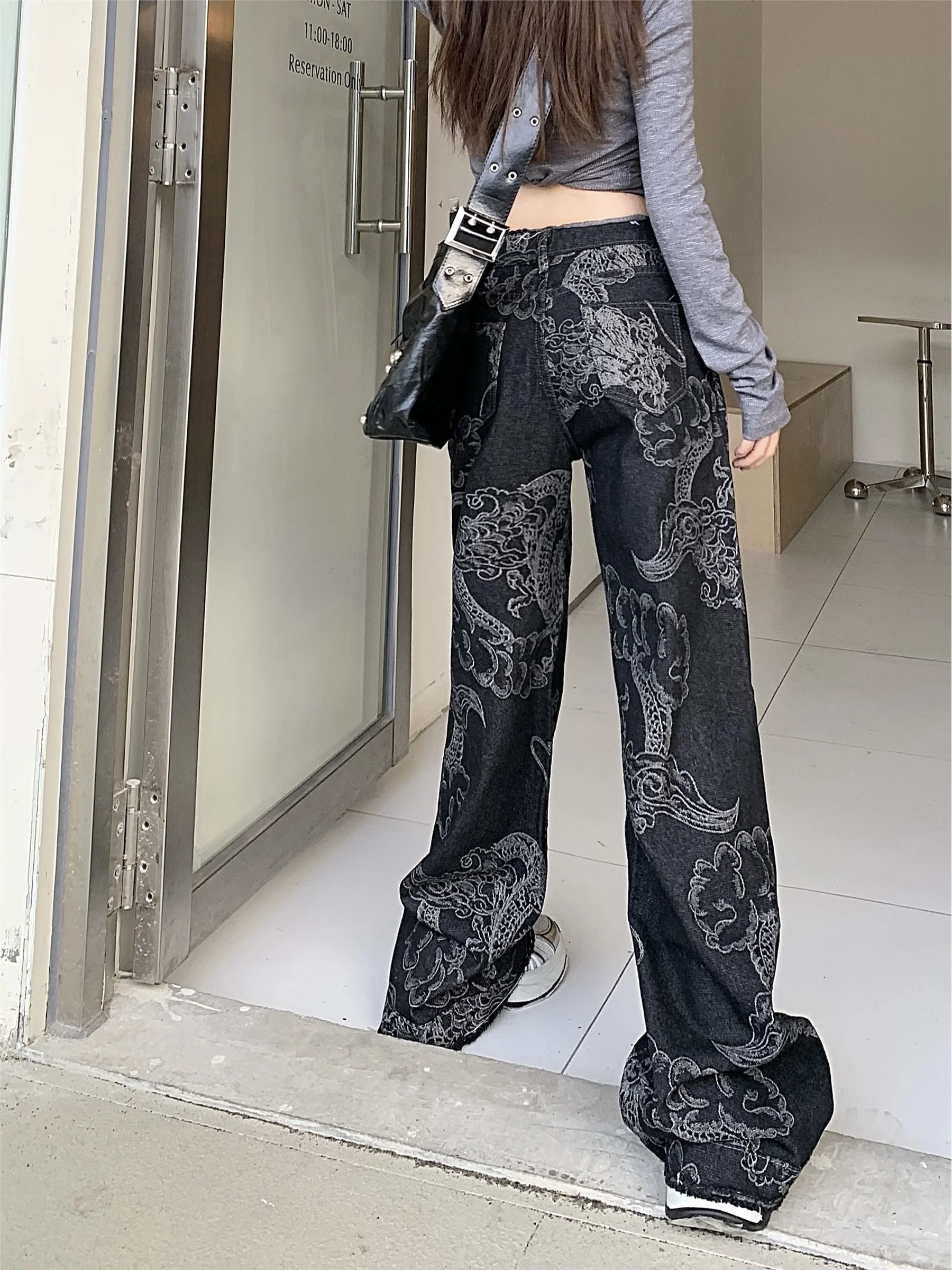Punk Black Print Gothic Flare Jeans Women Low Rise Vintage Denim Pants Dark Academia Y2k Japanese Streetwear Goth Trousers