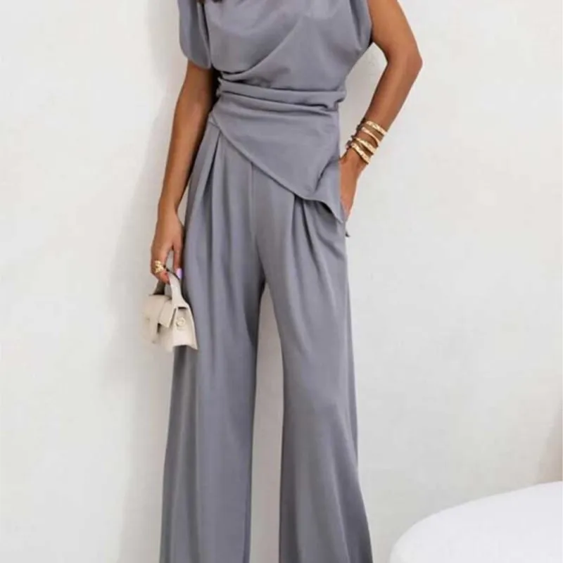 

Летний модный однотонный комплект из двух предметов, женский повседневный топ с открытыми плечами, нерегулярный топ, широкие брюки, женский комплект из двух предметов