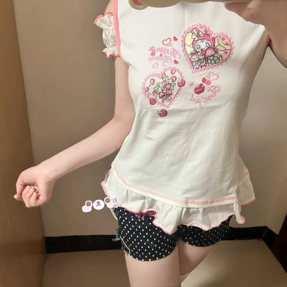 

Japanese Cartoon Mp Sweet Girl Two Piece Sets Embroidered Lace Edges Short Sleeved T-shirt + Polka Dot Shorts Women Y2k Suits