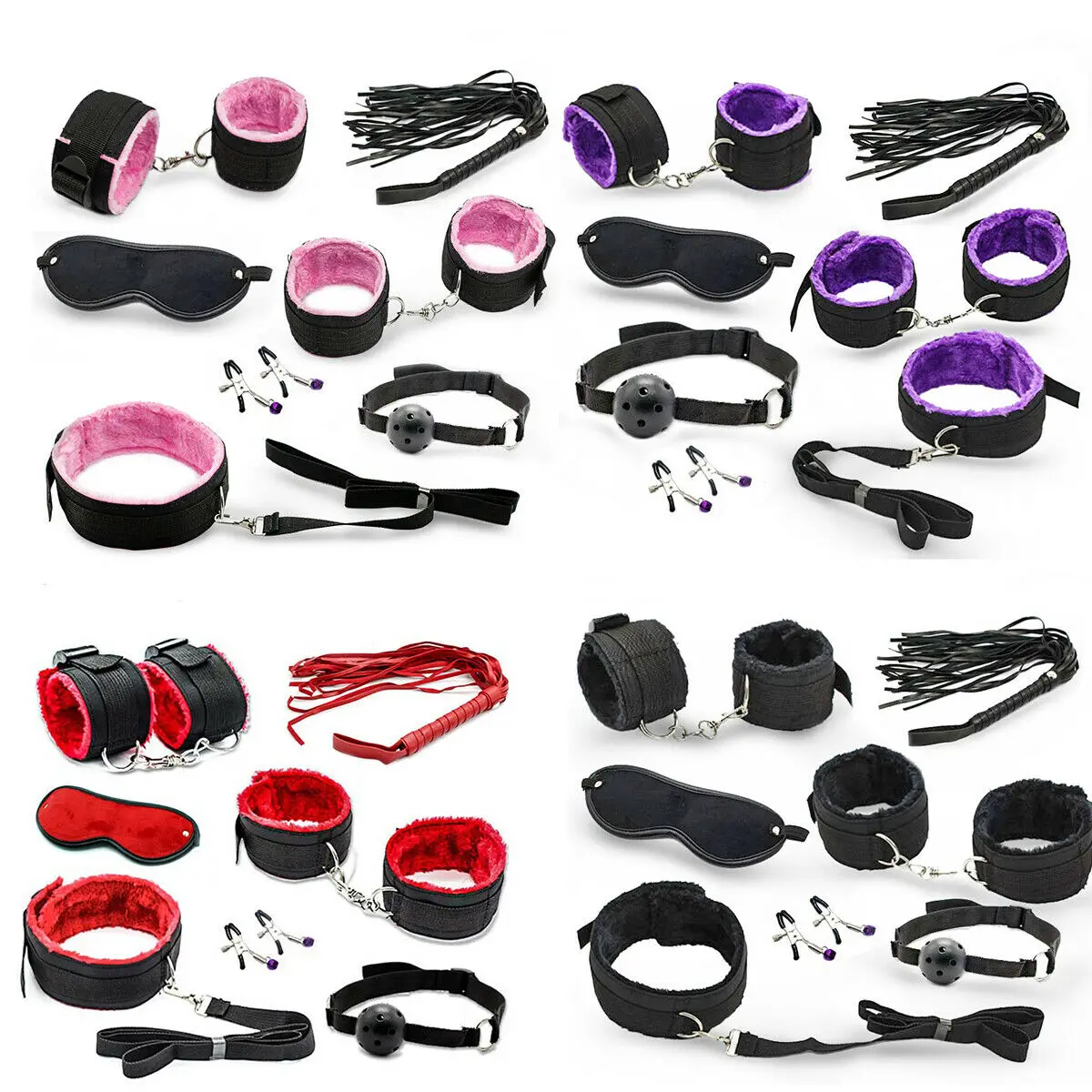 7 Stück Set exotische Bett rückhalt Nylon pelzige Handschellen Fußfesseln Kragen Seil Augenbinde Peitsche Mund knebel BDSM Sexspielzeug Paare