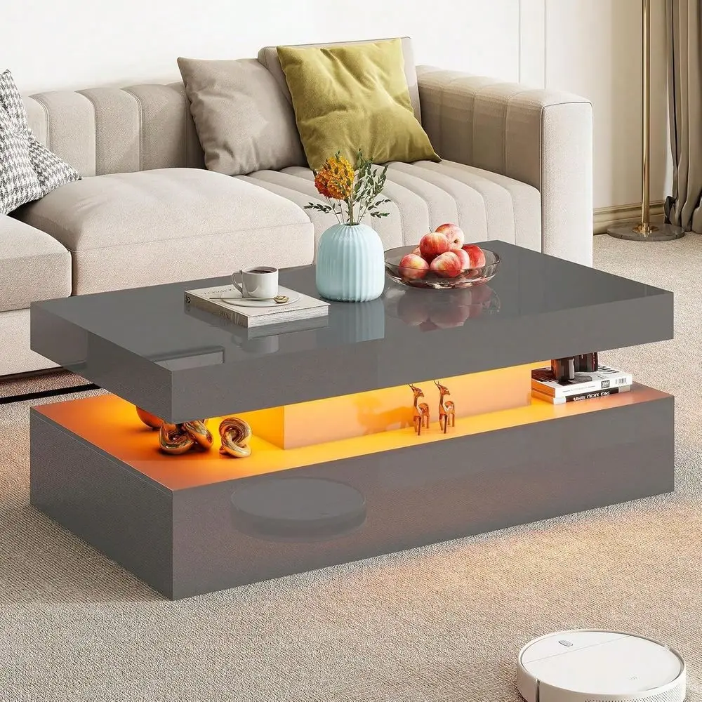 Room Coffee Table With LED Light, Modern High Gloss Center Table With Storage