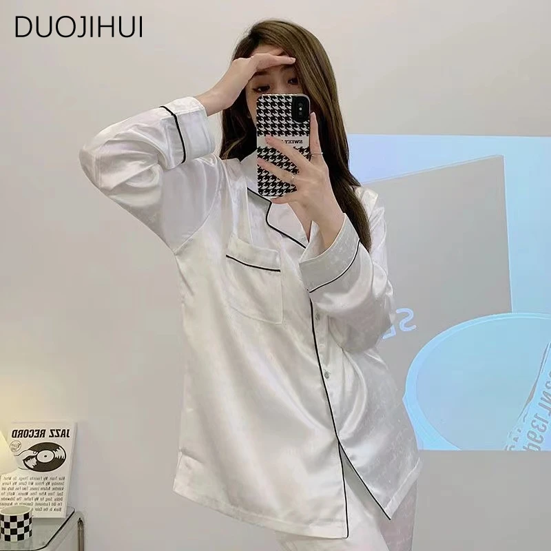 Duojihui zweiteilige Zauber farbe Home Pyjamas für Frauen schicke einreihige Strickjacke Basic Hose Mode lose weibliche Pyjamas Sets