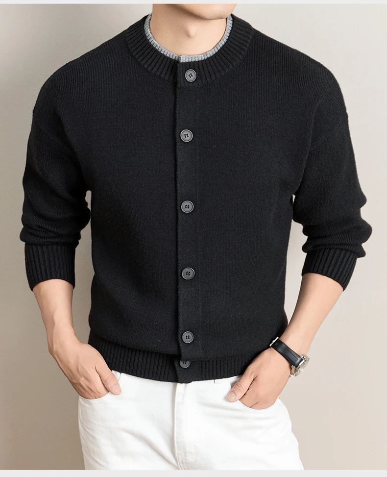 Hochwertige Strickjacke Männer Persönlichkeit Doppelschicht Rundhalskragen Neue Mode Weich Komfort Warm Herbst Winter Pullover Mantel – Detail 9