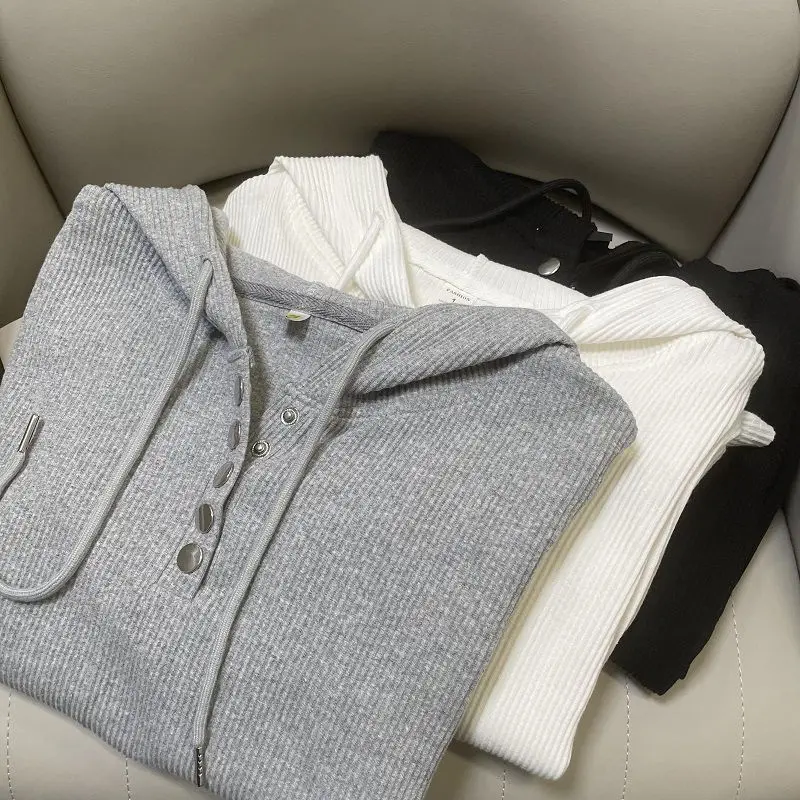 Women Plus Size Hooded Long Sleeve T Shirt Ribbed Knit Slim Fit Basic Top Spring Autumn Casual Undershirt