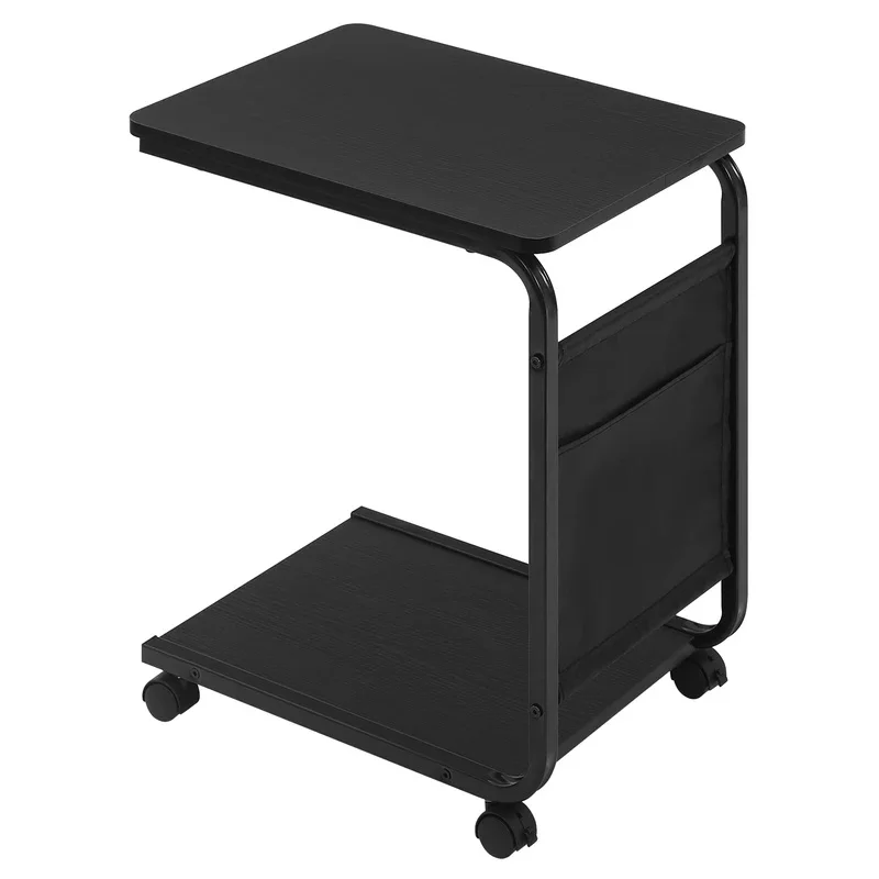 Table on Wheels Side Table with 2 Shelves 1 Side Pocket Storage Corner Table for Sofa Living Room Bedroom